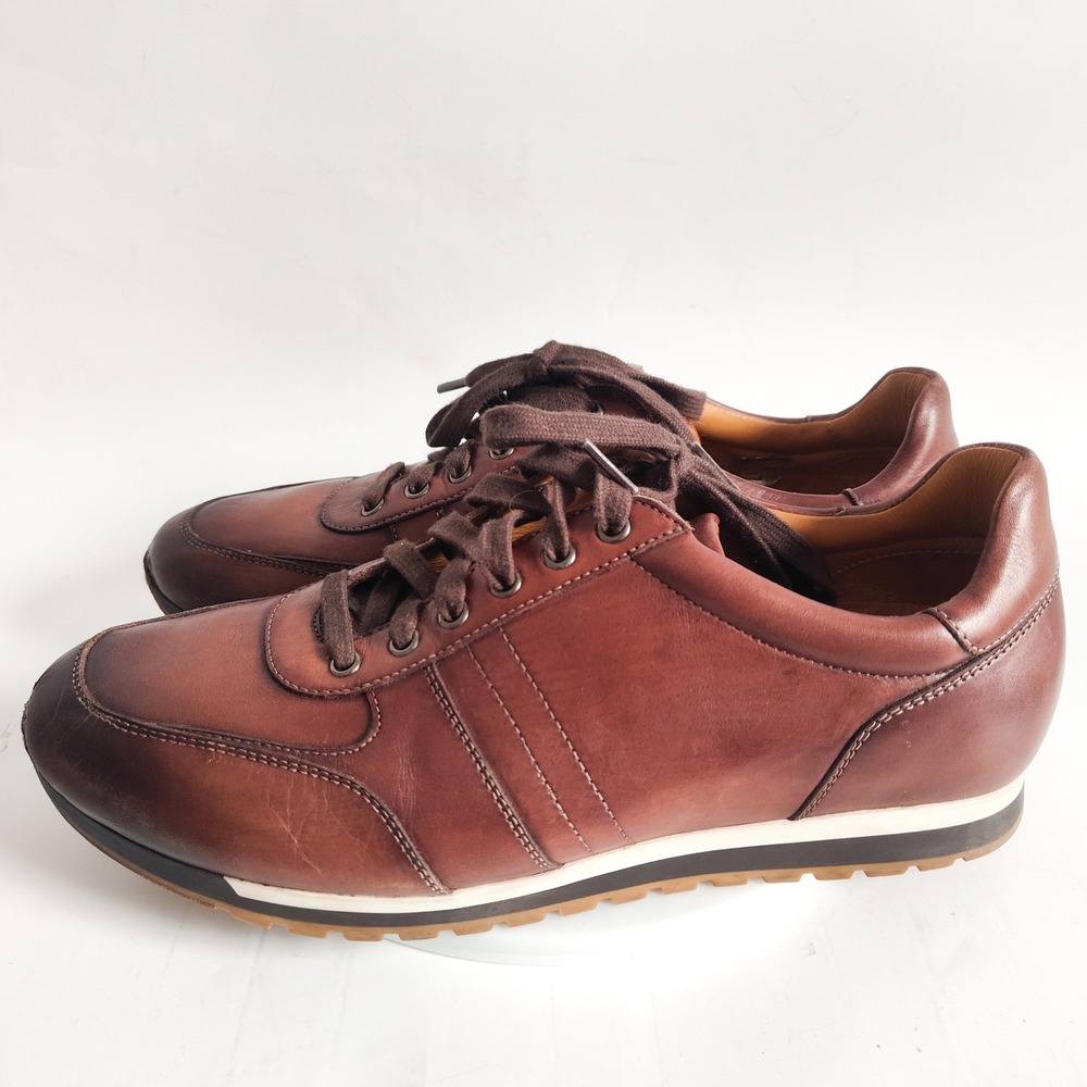 Magnanni Leather Sneakers Mens 8.5 41.5 Ibiza Brown Low Top Lace Up Luxury Shoes - Picture 3 of 11